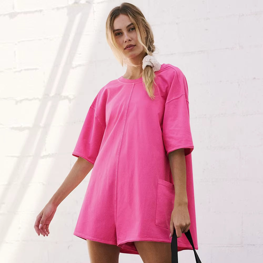 Women Loose Hot Shot Tee Romper Summer Athletic Workout Outdoor Sports Oversized Rompers Short Sleeve Jumpsuit with Pockets