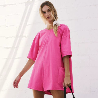 Women Loose Hot Shot Tee Romper Summer Athletic Workout Outdoor Sports Oversized Rompers Short Sleeve Jumpsuit with Pockets